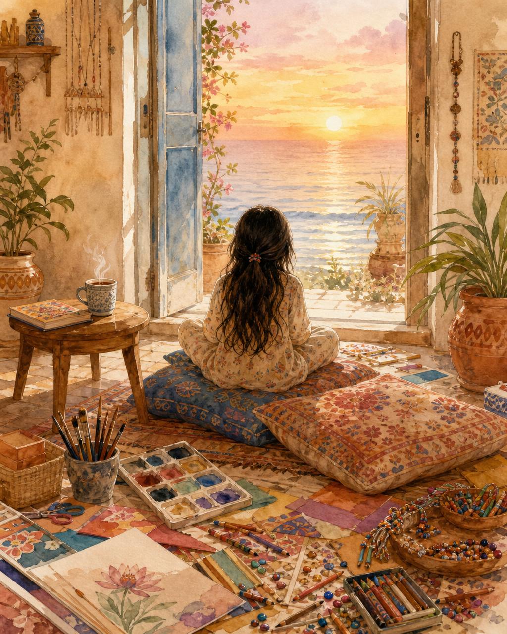 A soft watercolour of a child aged 8–10, viewed from behind, sitting on floor cushions in a boho Indian coastal cottage, gazing out at the sea, surrounded by paints, brushes, paper and craft materials