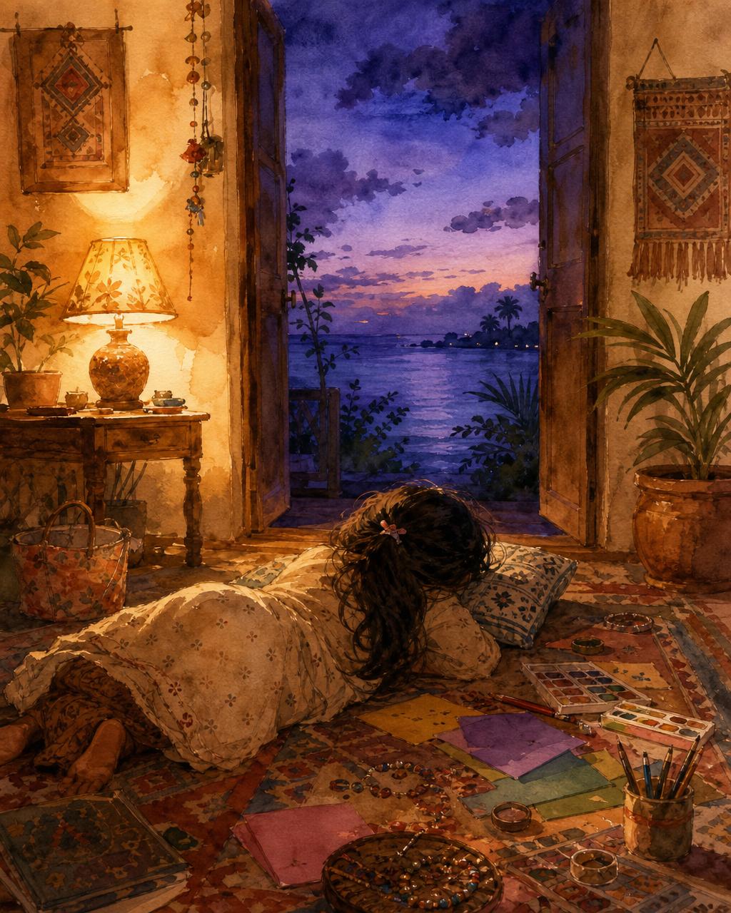 A soft watercolour at twilight of a child aged 8–10, viewed from behind, asleep on a patterned rug facing the dusk sea, craft materials spread around her catching the warm lamplight