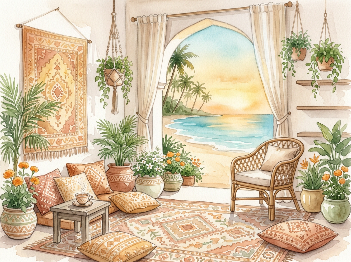 A soft watercolour of a boho Indian coastal cottage opening onto a beach, with a cane armchair, floor cushions, a low table with steaming chai, a decorative dhurrie rug, and flowering plants in pretty planters