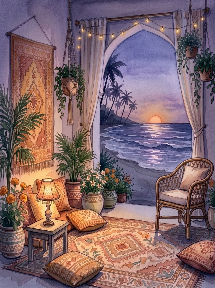 A soft watercolour of a boho Indian coastal cottage at twilight, the arched window opening onto a purple and blue dusk sky over the sea, with warm lamp-lit interior, cane armchair, floor cushions, chai and flowering plants